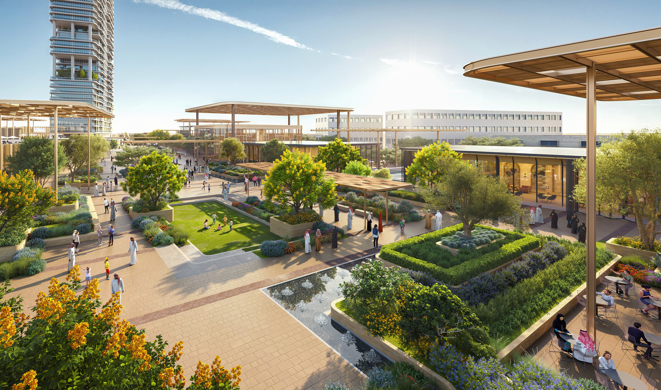 Landscape design at SUMOU with planted gardens, shaded paths, lawns, reflective water features, terraces, and gathering spaces.