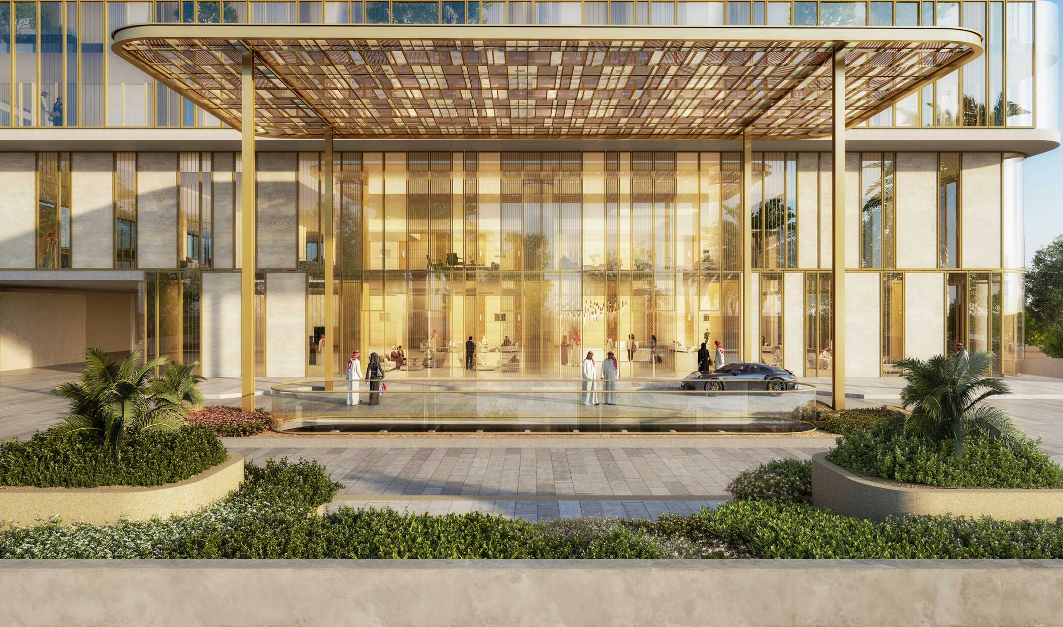 Entrance to SUMOU office towers with a patterned canopy, glass façade, landscaped planters, and a central drop-off