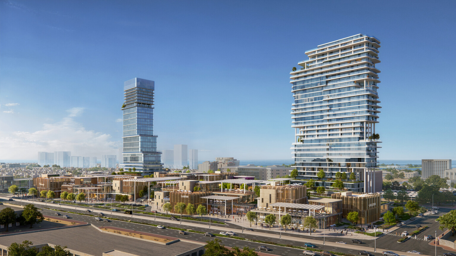 Wide view of SUMOU illustrating the residential and office towers framing a low-rise retail and F&B podium, integrated with landscaped public spaces along a primary urban edge.