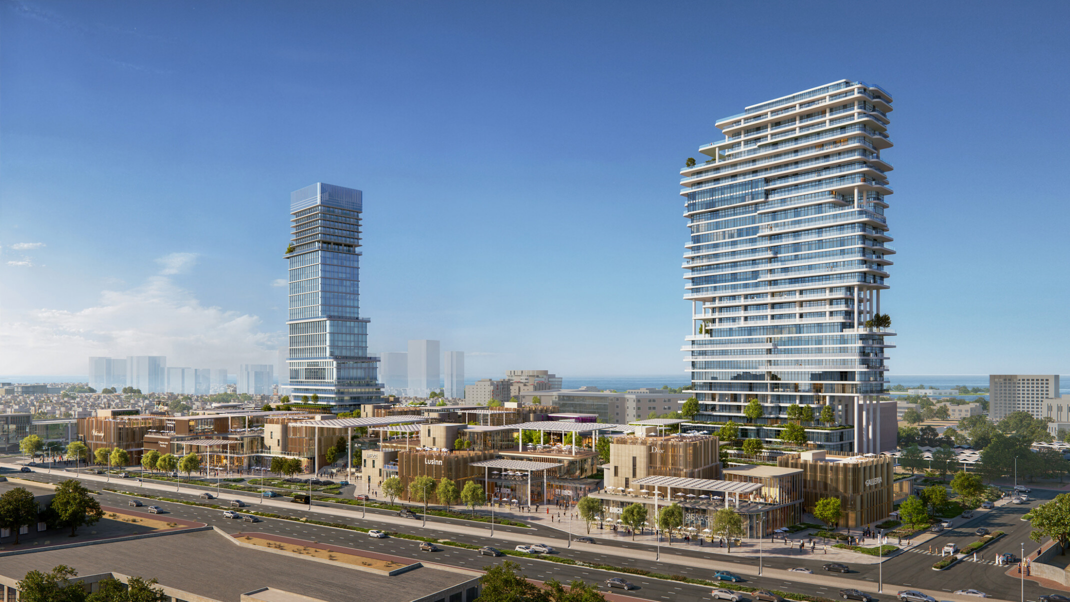 Wide view of SUMOU illustrating the residential and office towers framing a low-rise retail and F&B podium, integrated with landscaped public spaces along a primary urban edge.