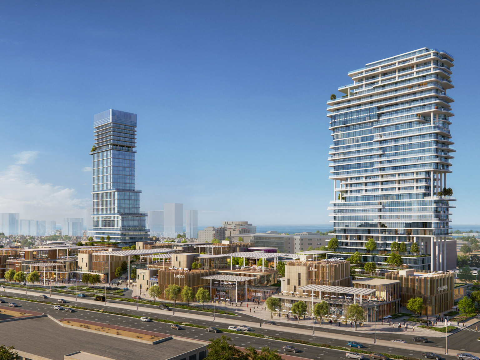 Wide view of SUMOU illustrating the residential and office towers framing a low-rise retail and F&B podium, integrated with landscaped public spaces along a primary urban edge.
