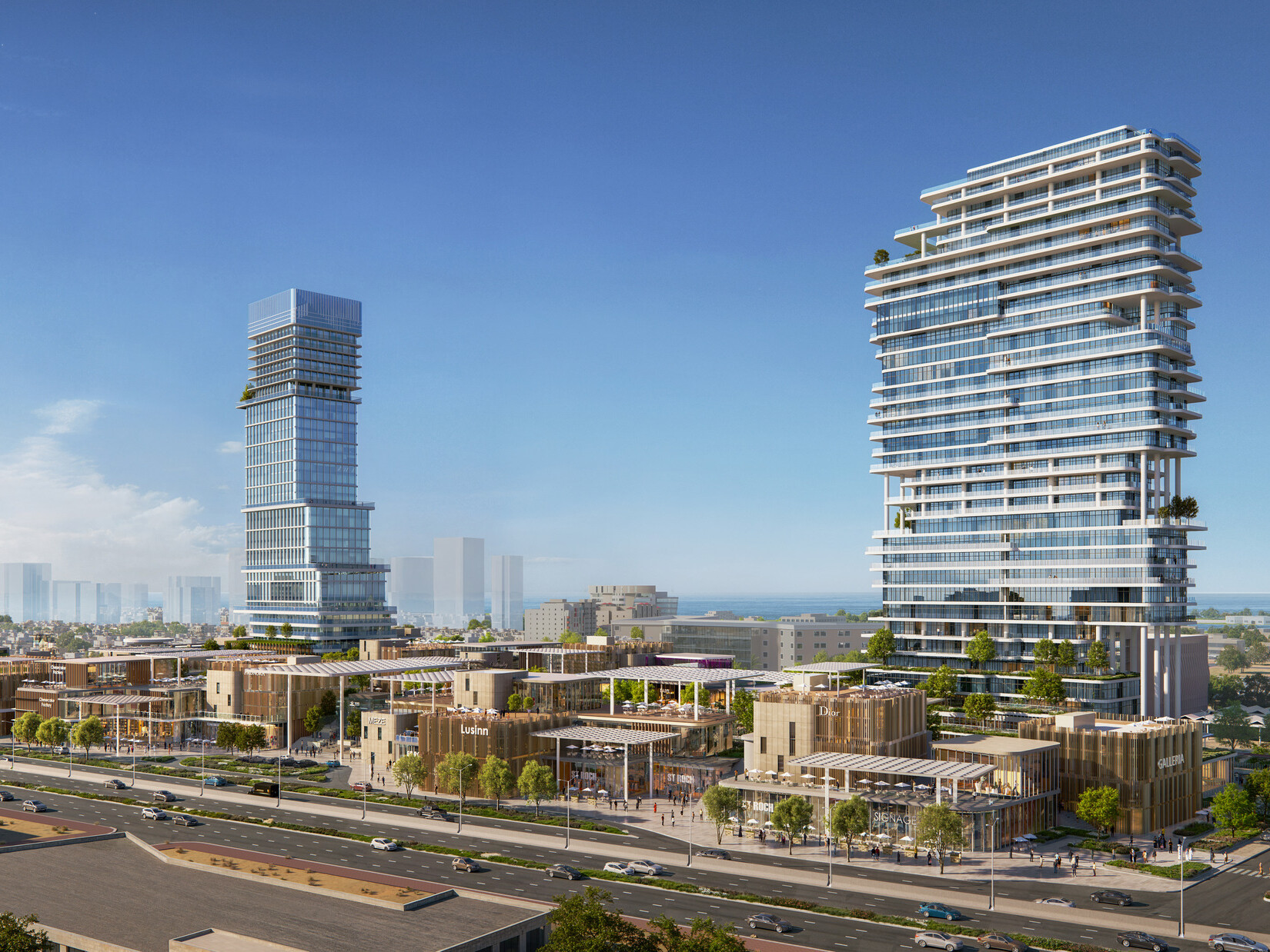 Wide view of SUMOU illustrating the residential and office towers framing a low-rise retail and F&B podium, integrated with landscaped public spaces along a primary urban edge.