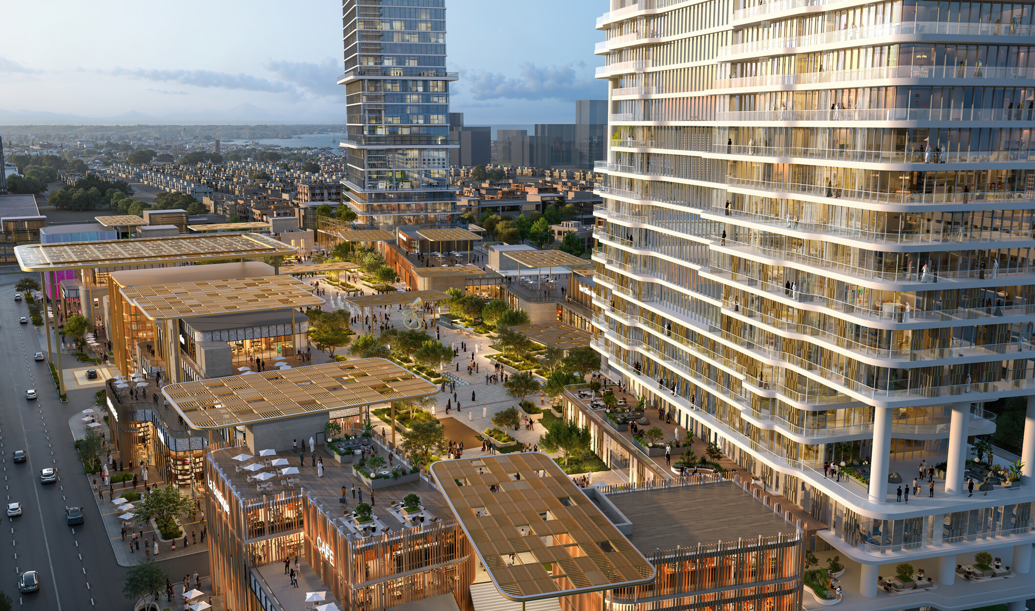 Elevated rendering of SUMOU residential tower overlooking a landscaped podium with retail pavilions, terraces, and pedestrian plazas.