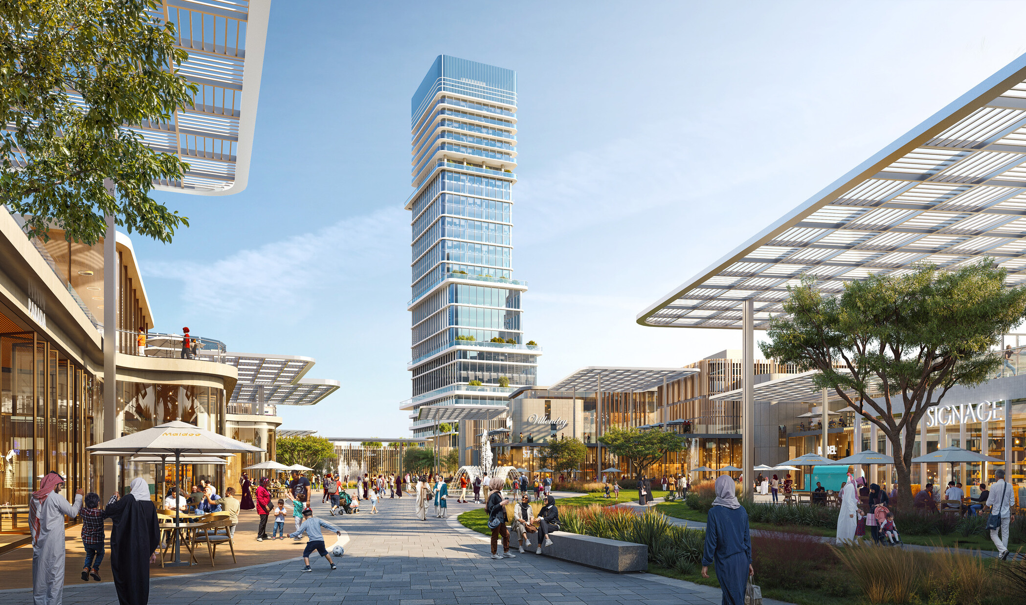 Ground-level view of SUMOU’s central public realm, with shaded walkways, active retail frontages, and the office tower anchoring a pedestrian-focused mixed-use environment.