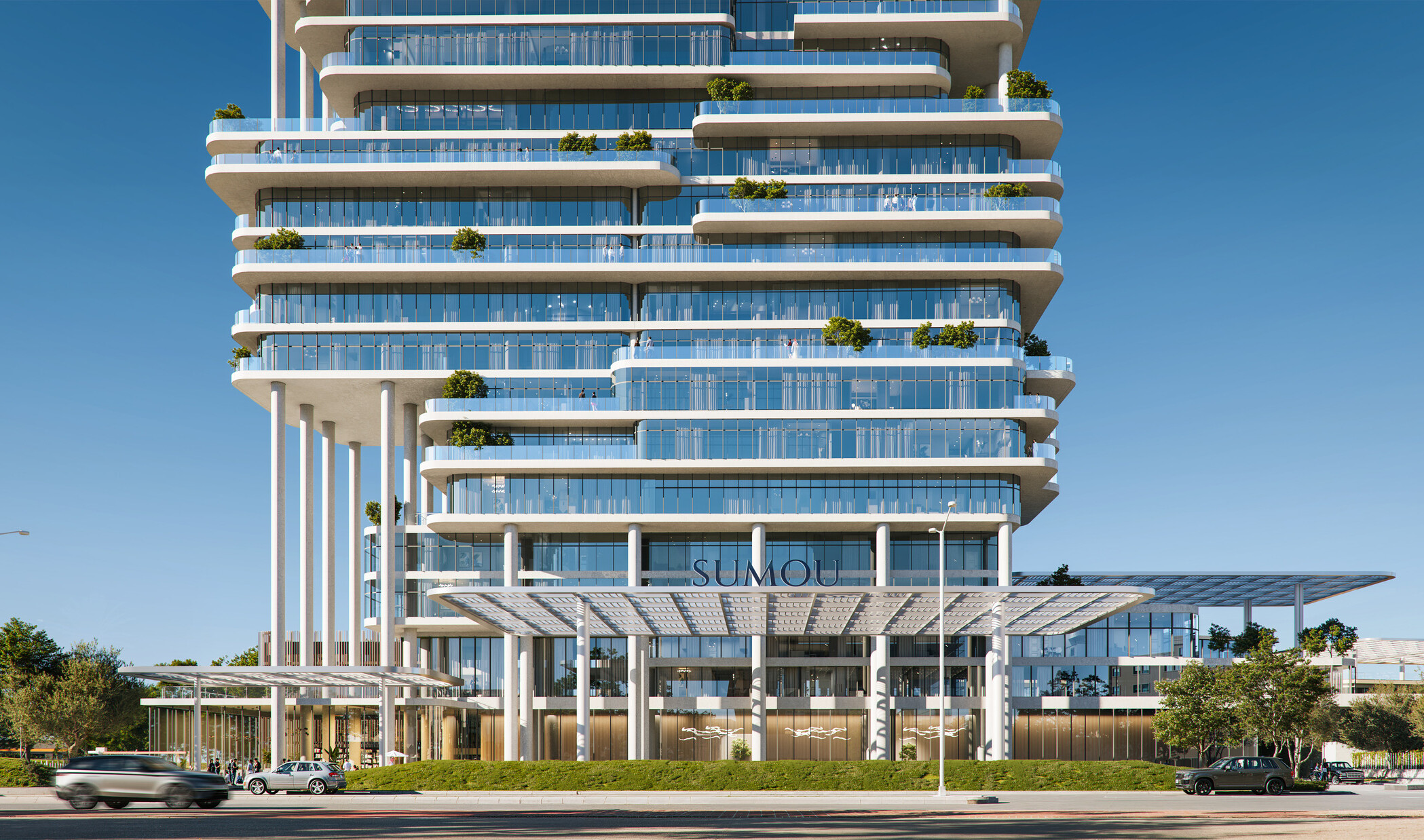 Street-level rendering of SUMOU residential tower, showing layered balconies, planted terraces, and the entrance canopy.