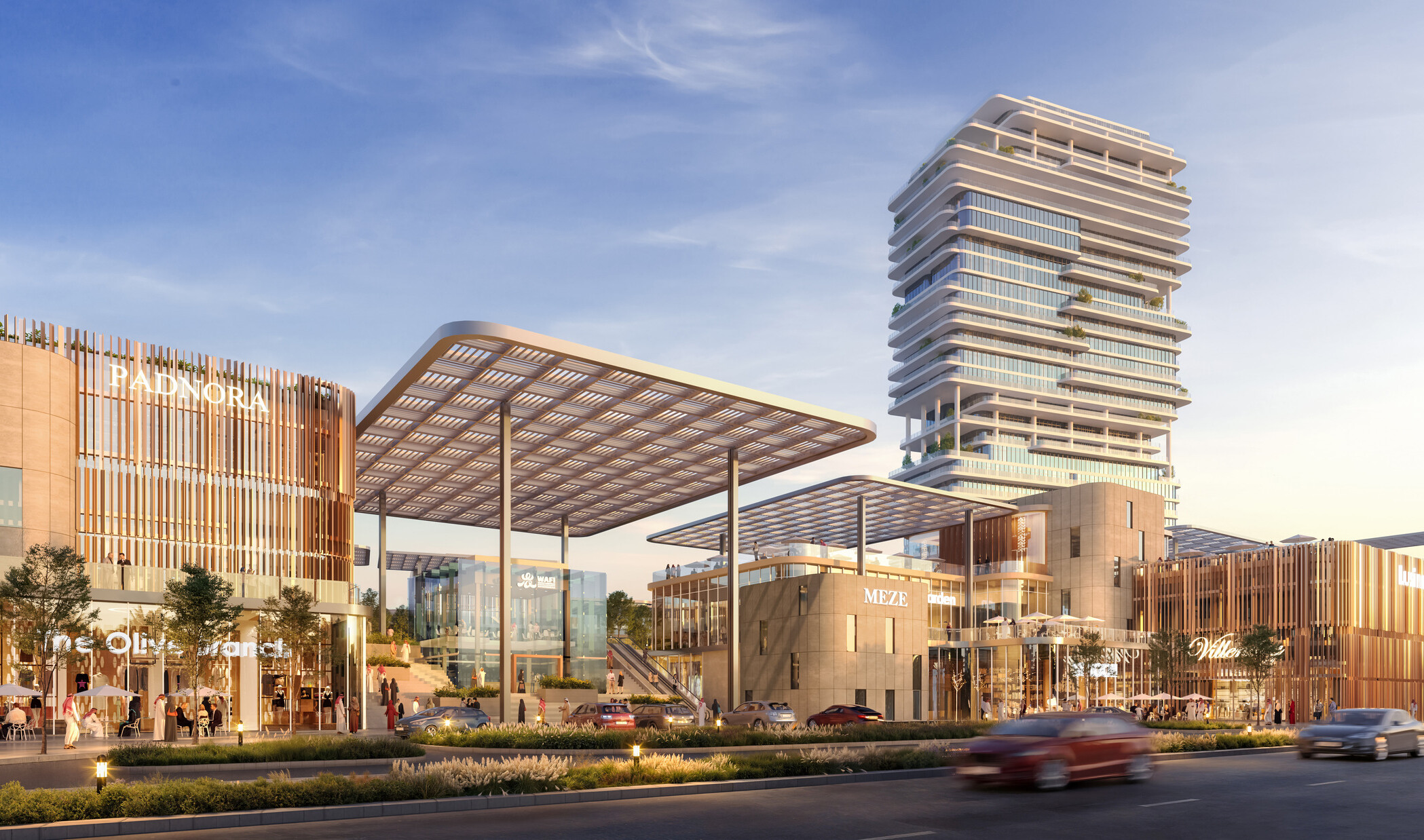 Street-facing view of SUMOU showing the retail frontage, shaded drop-off canopies, and office tower rising above a layered mixed-use podium along a primary urban corridor.