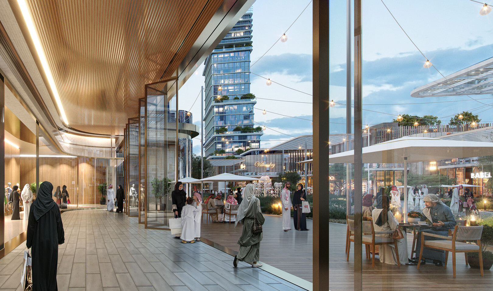 Street-level view of a shaded retail promenade in SUMOU, Al Khobar, with storefronts, outdoor dining, and a pedestrian-friendly public realm connecting to the wider mixed-use development.