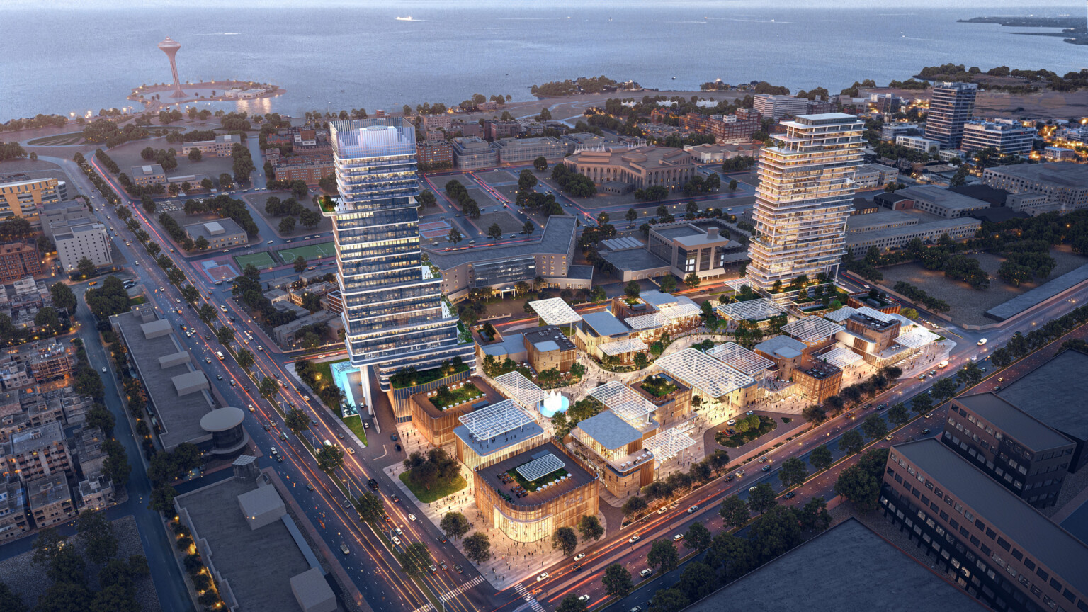 Aerial view of SUMOU in Al Khobar, showing a mixed-use district anchored by residential and office towers, with an activated retail podium and interconnected public realm near the coastline.