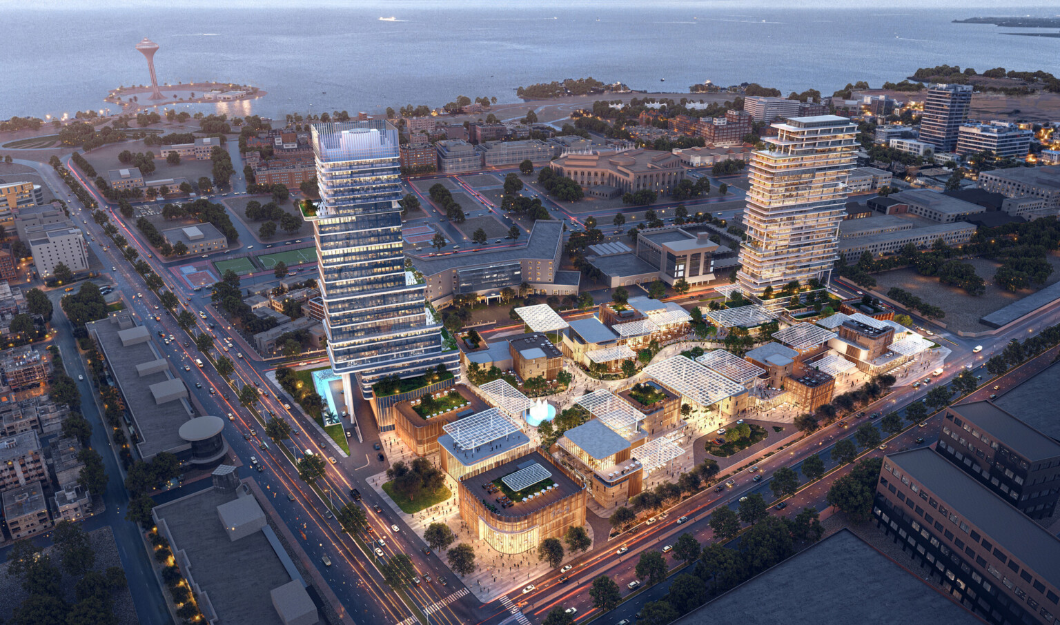 Aerial view of SUMOU in Al Khobar, showing a mixed-use district anchored by residential and office towers, with an activated retail podium and interconnected public realm near the coastline.