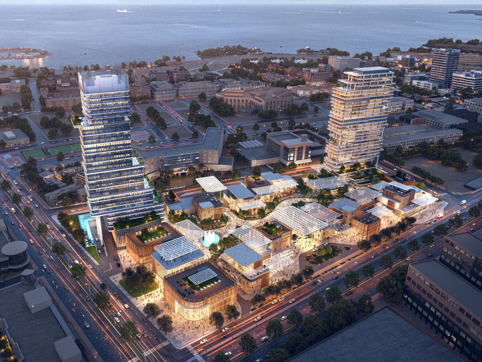 Aerial view of SUMOU in Al Khobar, showing a mixed-use district anchored by residential and office towers, with an activated retail podium and interconnected public realm near the coastline.