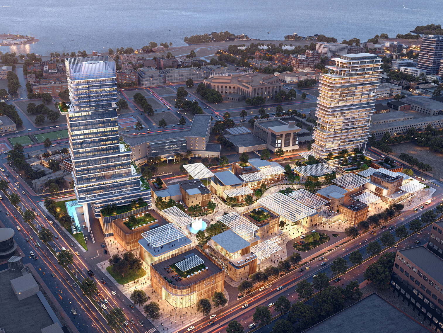 Aerial view of SUMOU in Al Khobar, showing a mixed-use district anchored by residential and office towers, with an activated retail podium and interconnected public realm near the coastline.