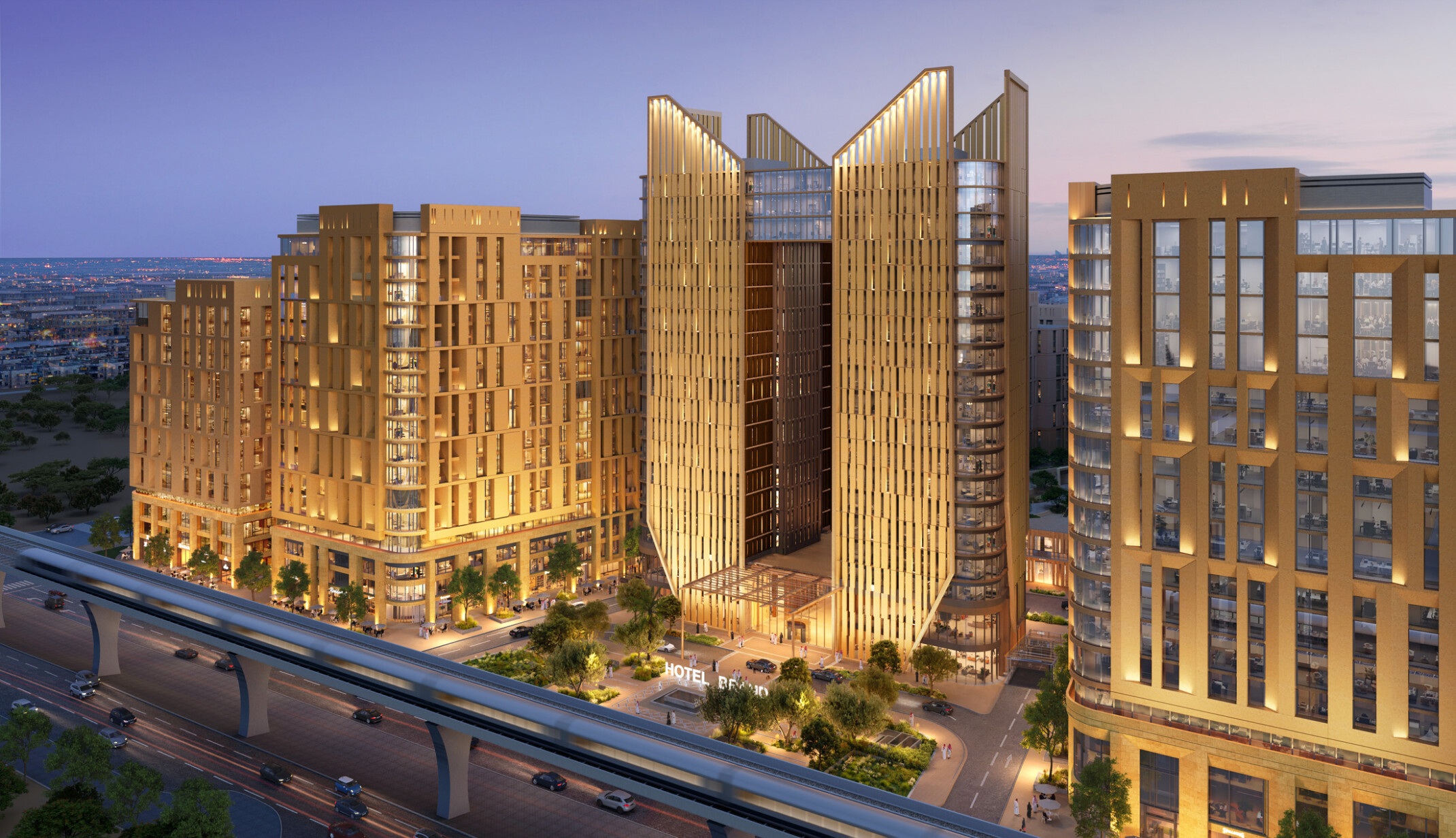 architectural rendering of LIWAN Najd in Riyadh, where a large light-tan upside-down arched structure centers between two buildings with foreground entrances and greenery to the space