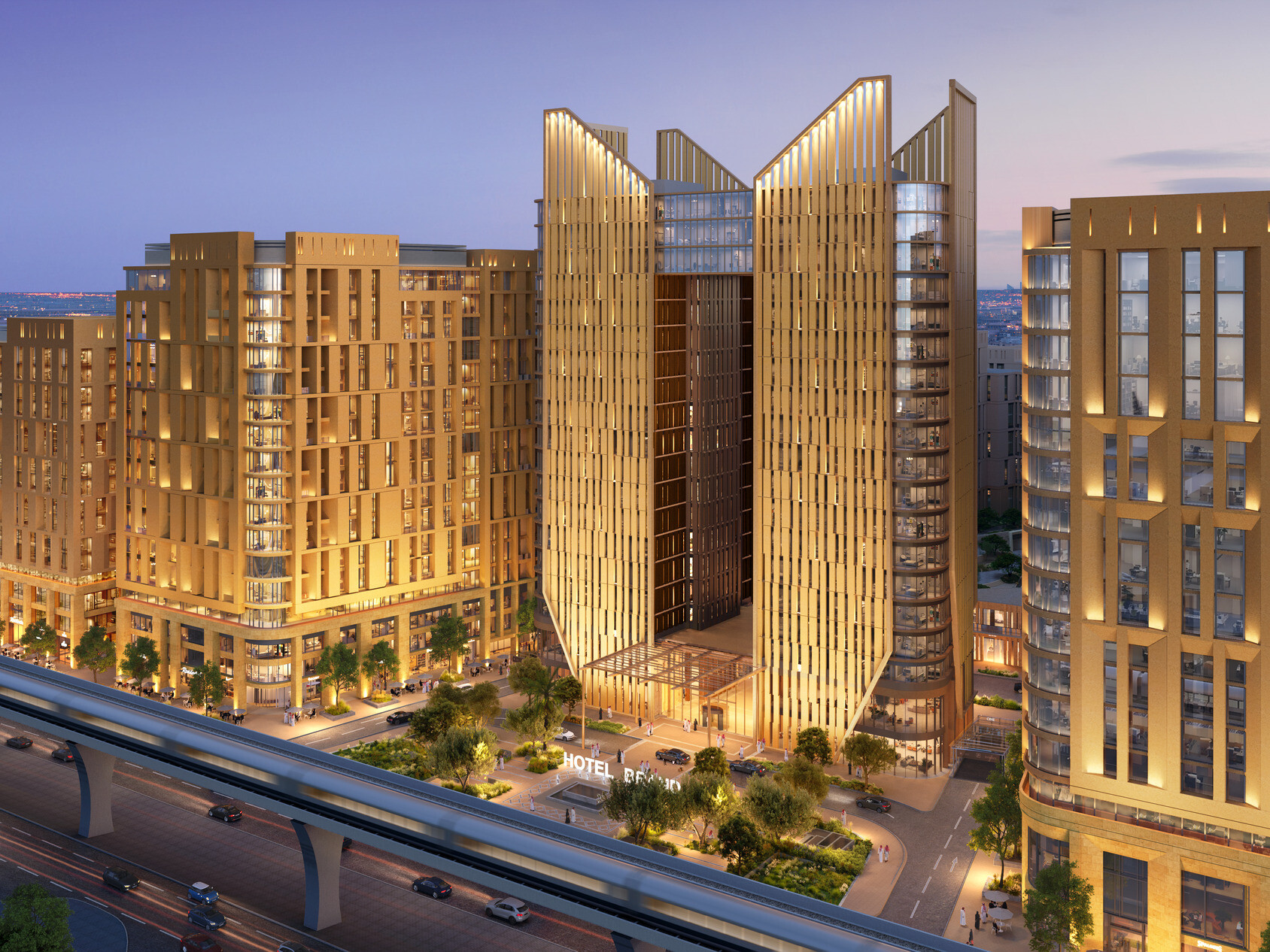 architectural rendering of LIWAN Najd in Riyadh, where a large light-tan upside-down arched structure centers between two buildings with foreground entrances and greenery to the space