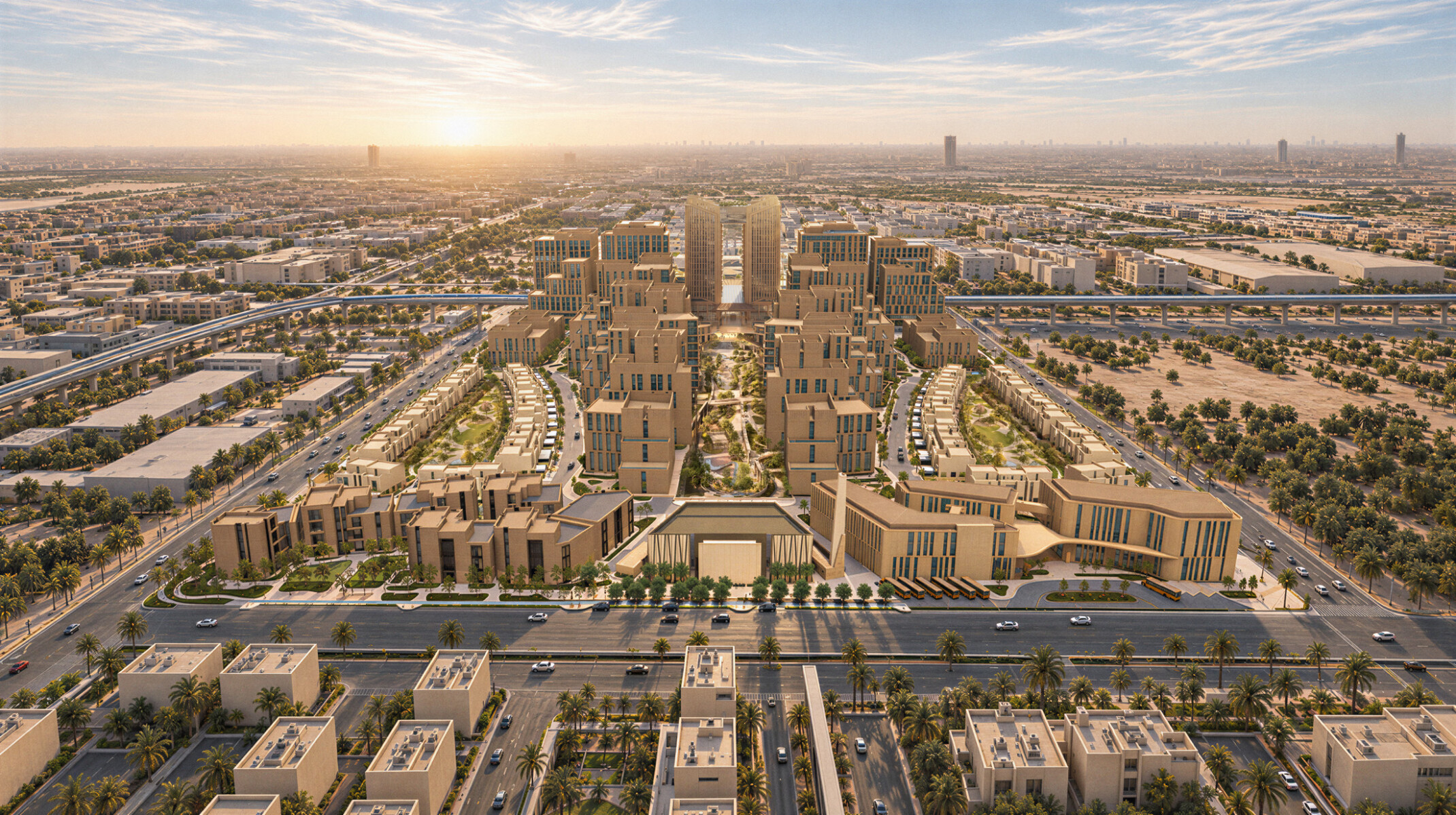 Aerial view of LIWAN Najd in Riyadh, showing mixed-use buildings arranged around a central landscaped wadi, with residential towers, active ground floors, and surrounding streets.