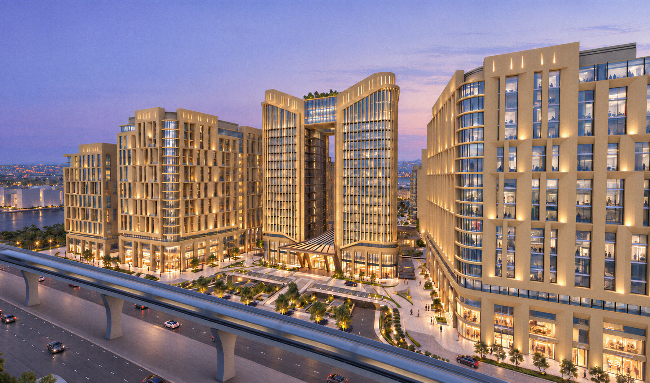 architectural rendering of LIWAN Najd in Riyadh, where a large light-tan upside-down arched structure centers between two buildings with foreground entrances and greenery to the space