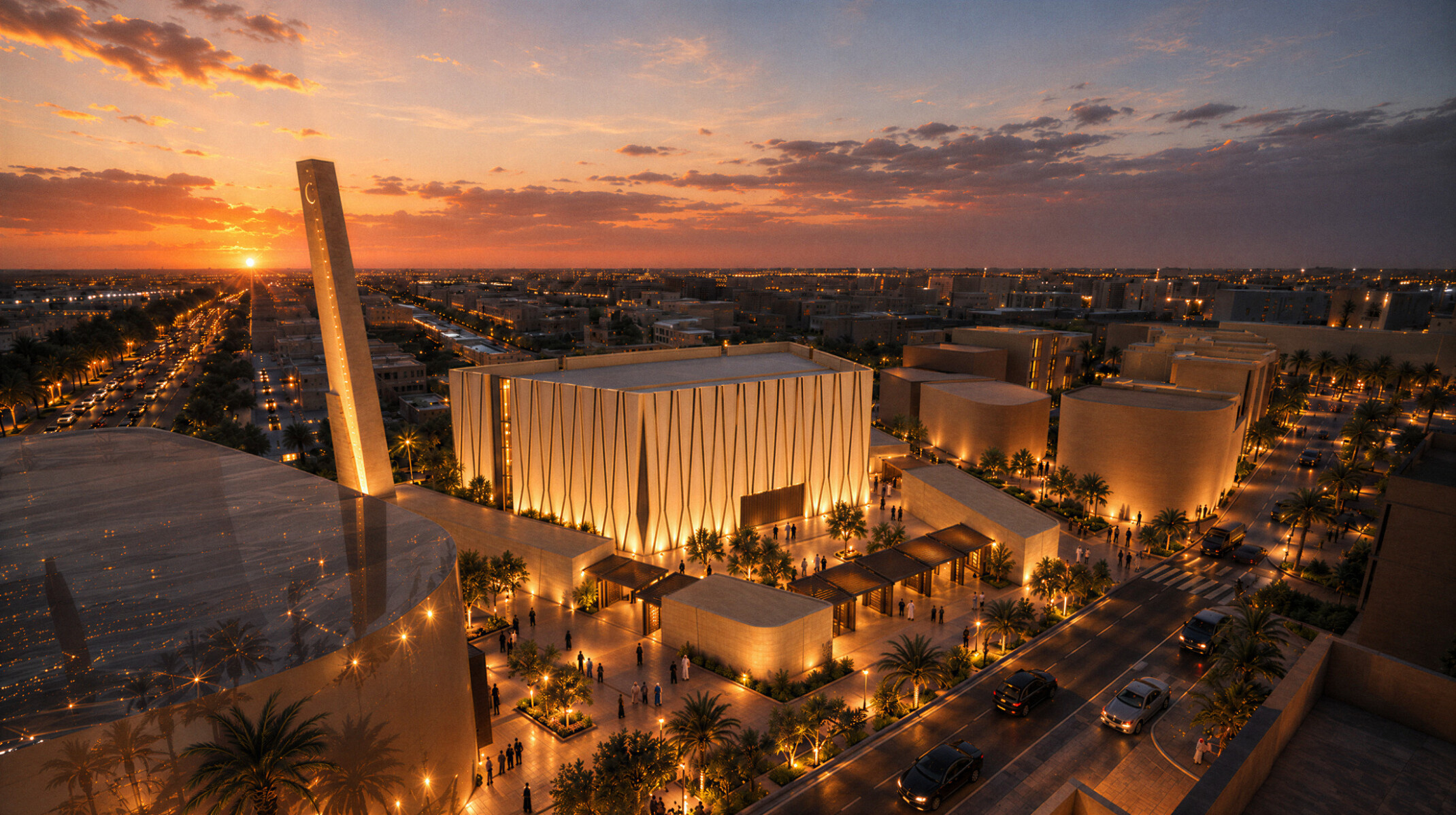 Aerial view of the mosque at LIWAN Najd in Riyadh. Archways designed in a contemporary Saudi architectural language with light tan rendering building structures