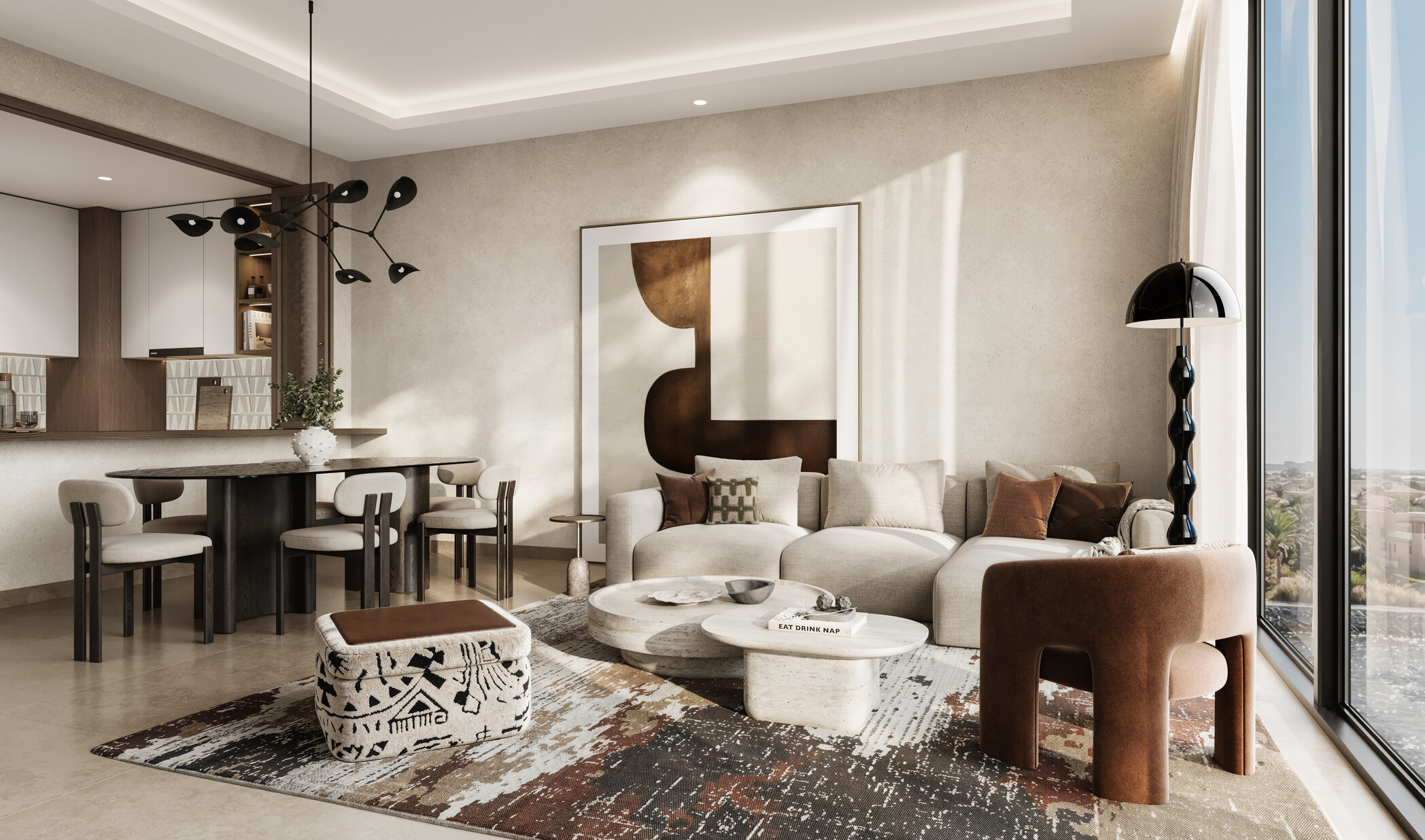 Interior living and dining space at LIWAN Najd in Riyadh, featuring warm neutral finishes, contemporary furnishings, natural light, and city views.