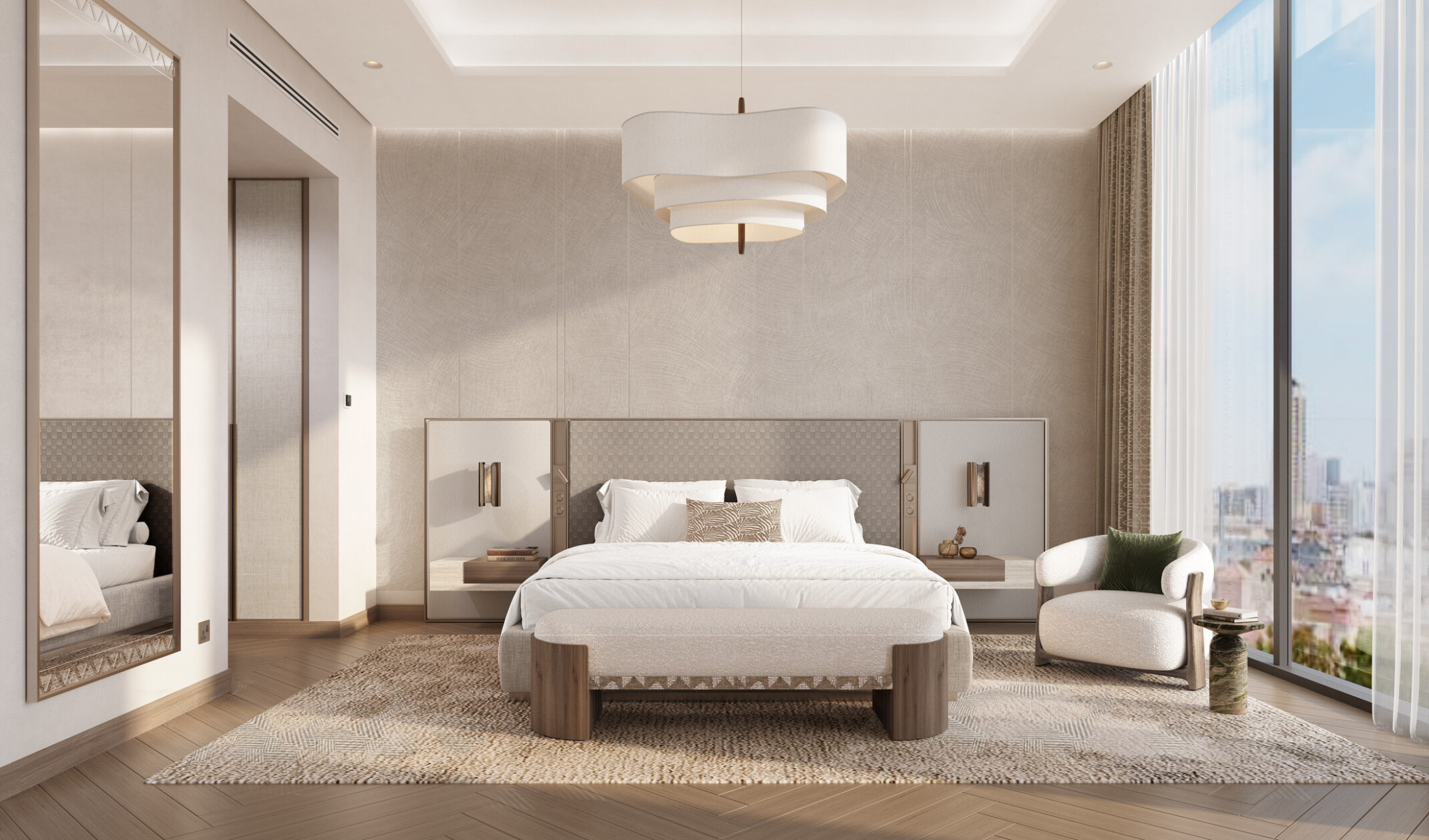 Bedroom interior at LIWAN Najd in Riyadh, featuring a neutral palette, timber flooring, integrated bedside joinery, soft layered lighting, and full-height windows overlooking the city.