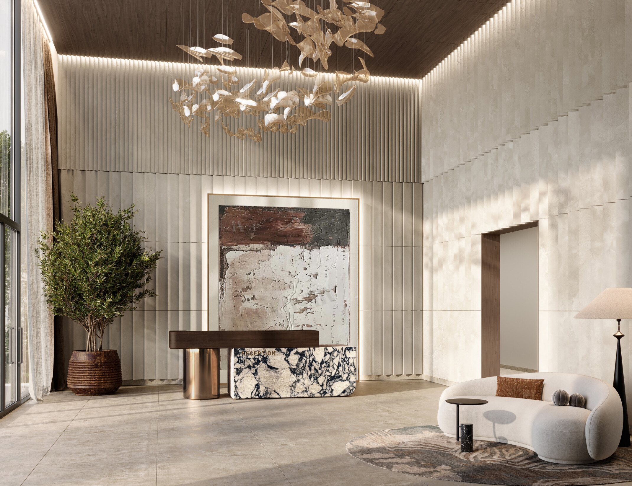 Interior reception at LIWAN Najd in Riyadh, featuring stone and textured wall finishes, custom joinery, sculptural lighting, artwork, and a neutral material palette.