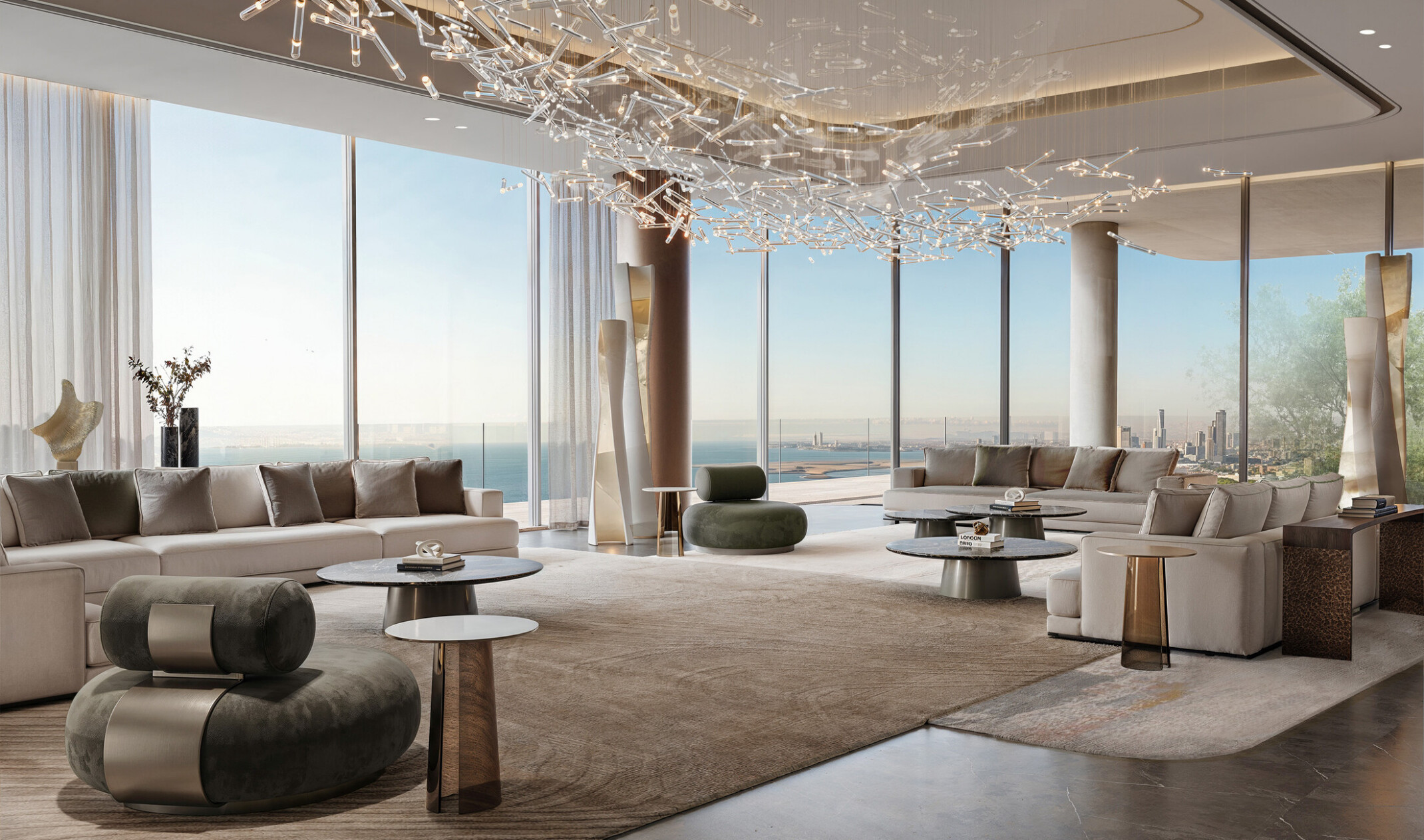 SUMOU office majlis with curved seating, neutral finishes, a sculptural ceiling installation, and floor-to-ceiling windows overlooking the Gulf.