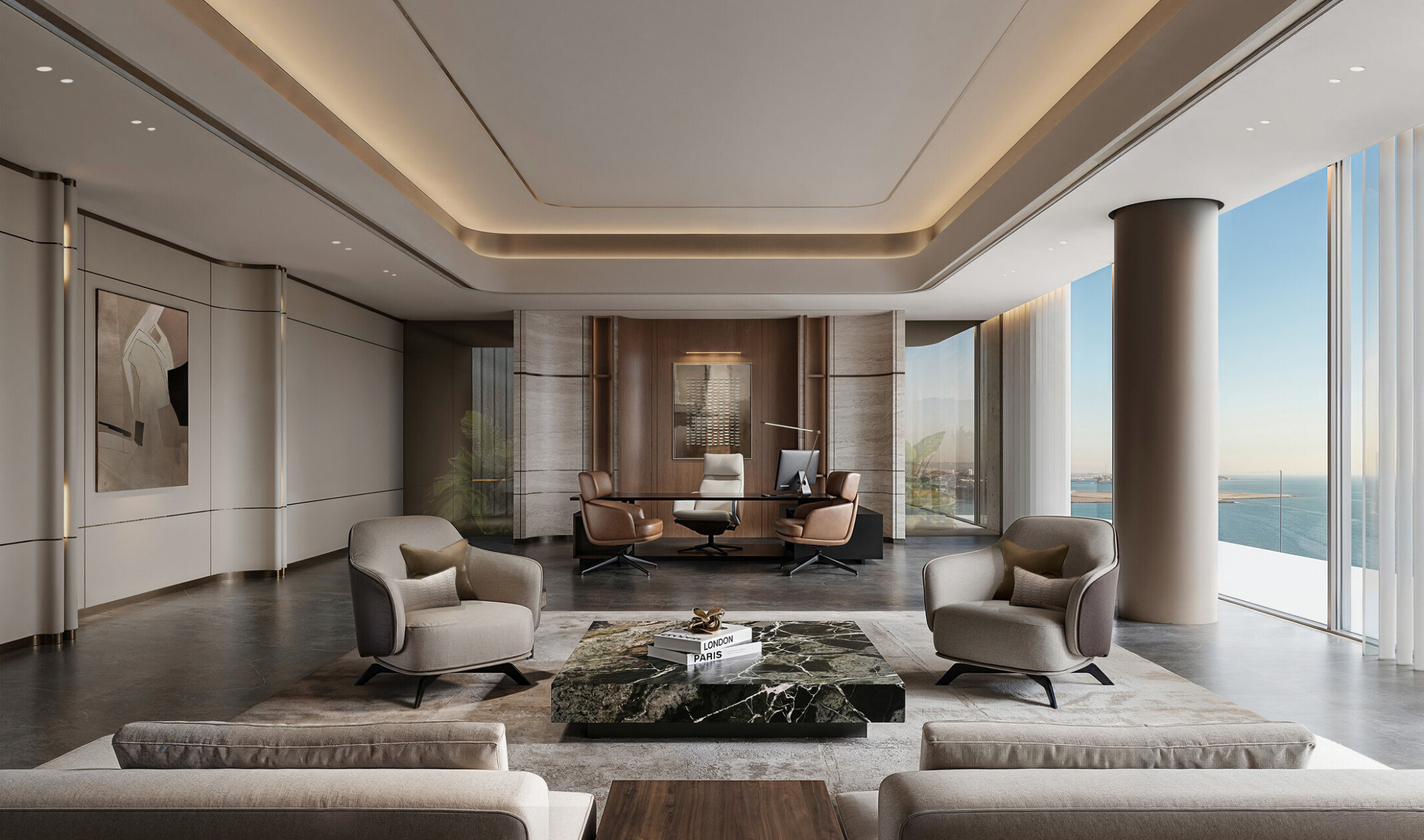 SUMOU executive office with a private desk, lounge seating, dark stone coffee table, wood finishes, and floor-to-ceiling Gulf views.