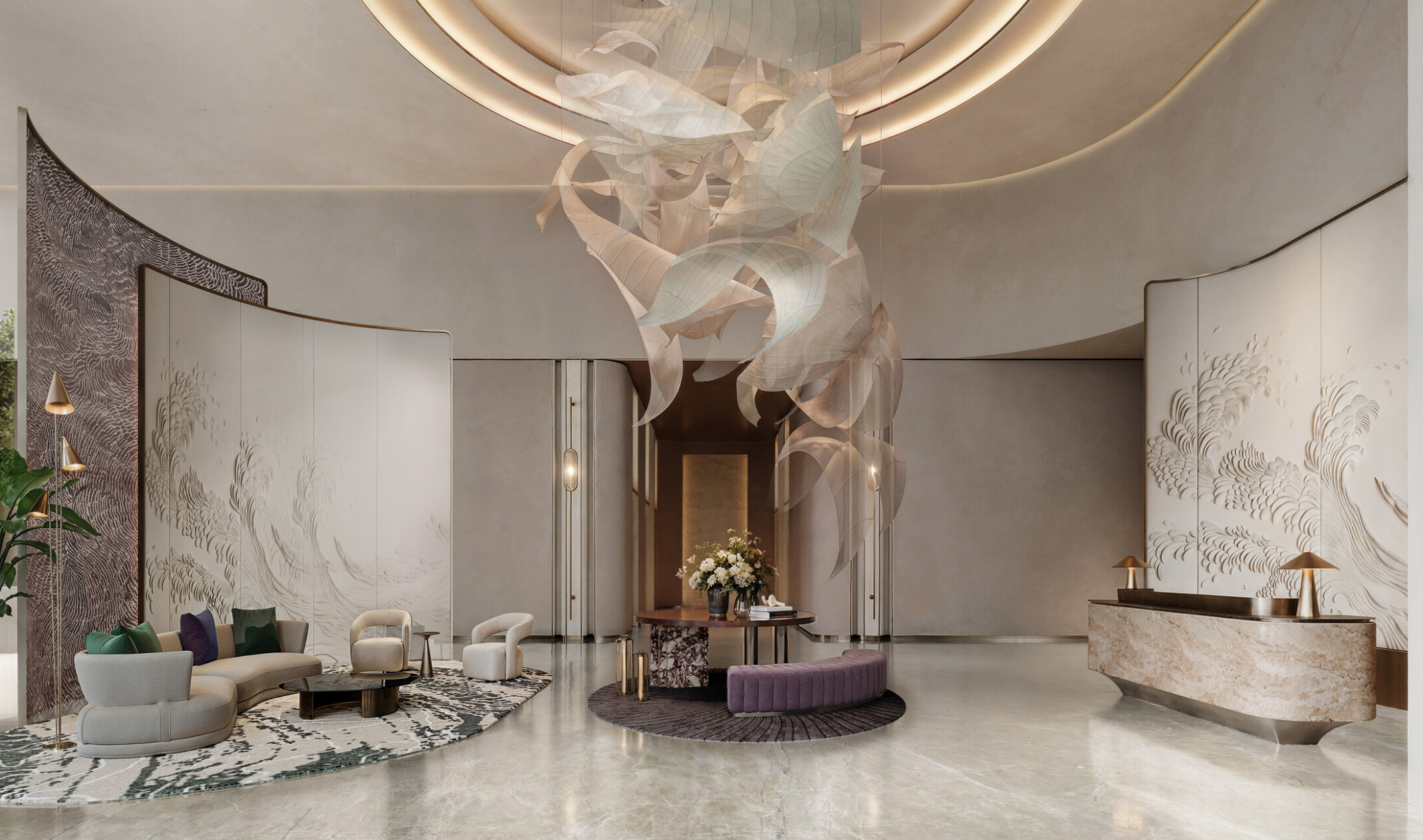 SUMOU residential lobby with curved seating, a stone reception desk, botanical wall details, and a suspended sculptural installation.