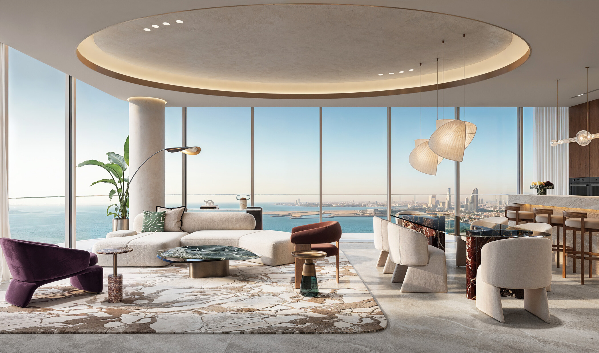 SUMOU residence with curved furnishings, botanical accents, floor-to-ceiling windows, and panoramic views of Al Khobar and the Gulf