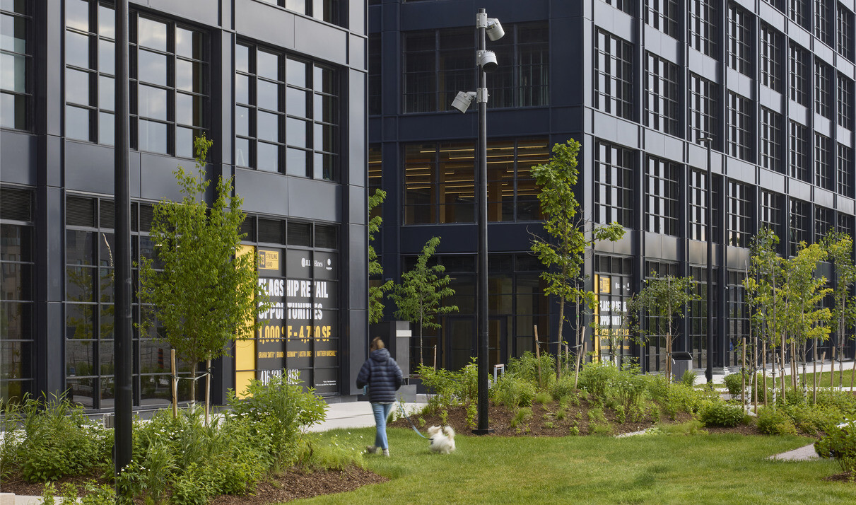 Two black multistory office buildings filled with windows behind lush green grass and landscaping