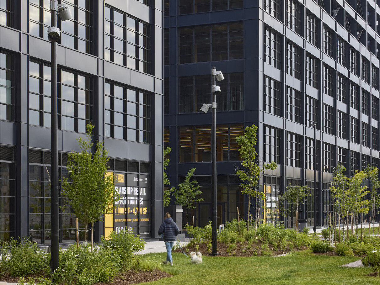 Two black multistory office buildings filled with windows behind lush green grass and landscaping