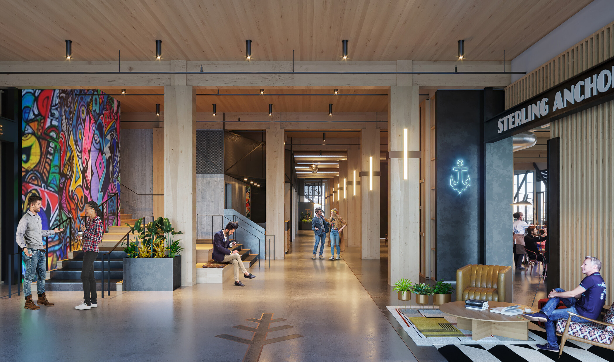 Raw concrete and wood hallway. Seating area front right in front of room labeled Sterling Anchor. Wood stairs to left