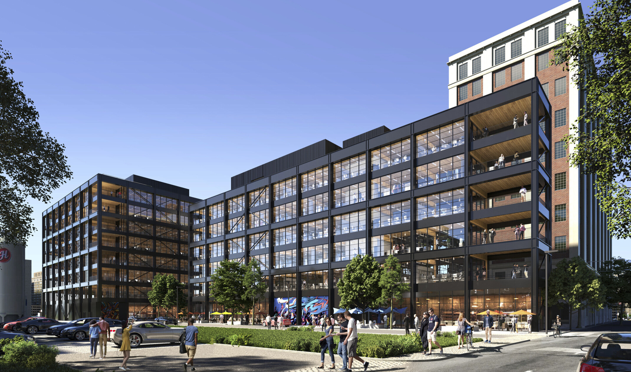 design concept for a large mixed use mass timber building in Canada. Black facade with green grass courtyard
