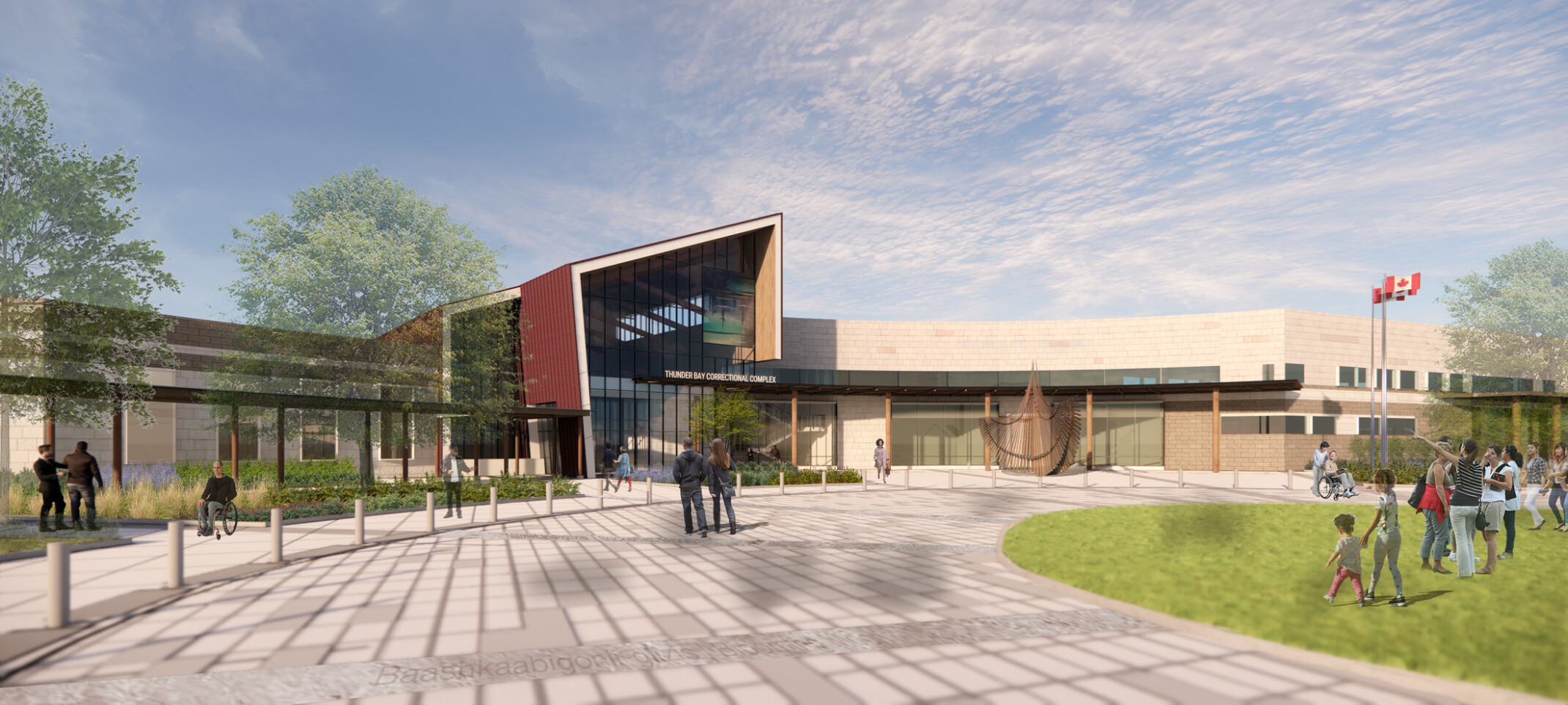 Outdoor render of the Thunder Bay Correctional Centre entrance with a wide landscaped walkway, glass facade, and open blue sky.