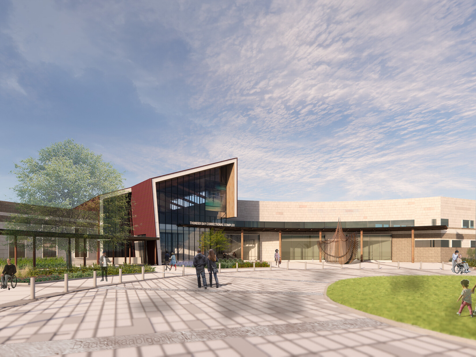 Outdoor render of the Thunder Bay Correctional Centre entrance with a wide landscaped walkway, glass facade, and open blue sky.
