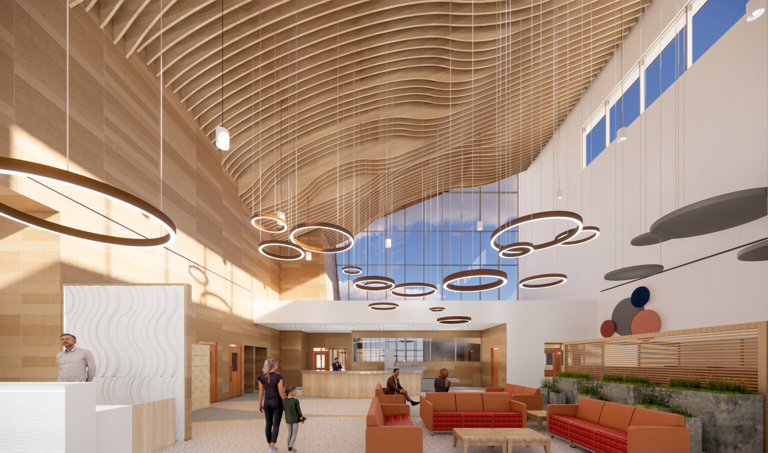 Lobby with wave-patterned wood ceiling, hanging circular lights, floor-to-ceiling entrance windows, and orange seating with guests.
