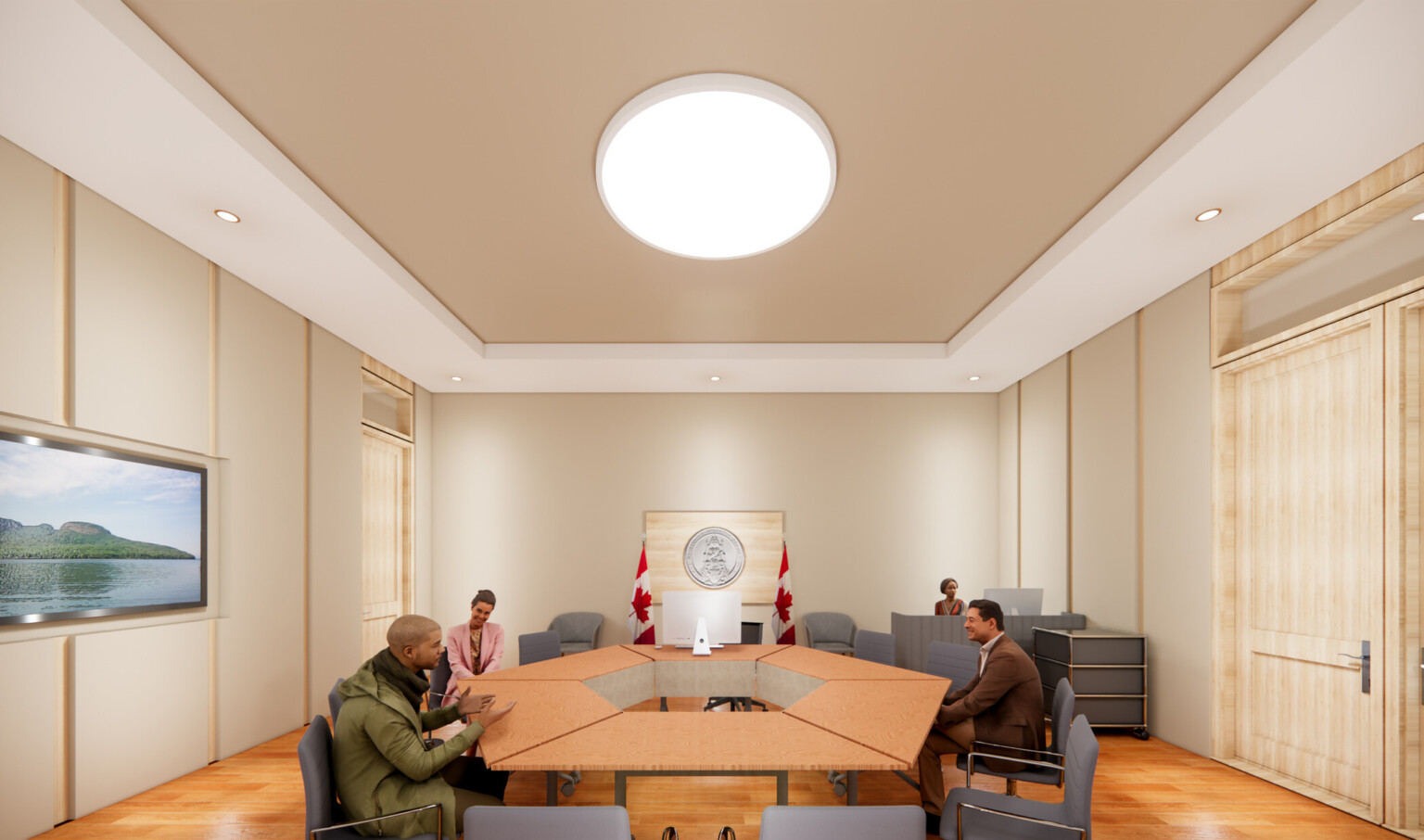 Meeting room with hexagonal table, four people in discussion, tray ceiling with recessed lighting, and Canadian flags on the back wall.