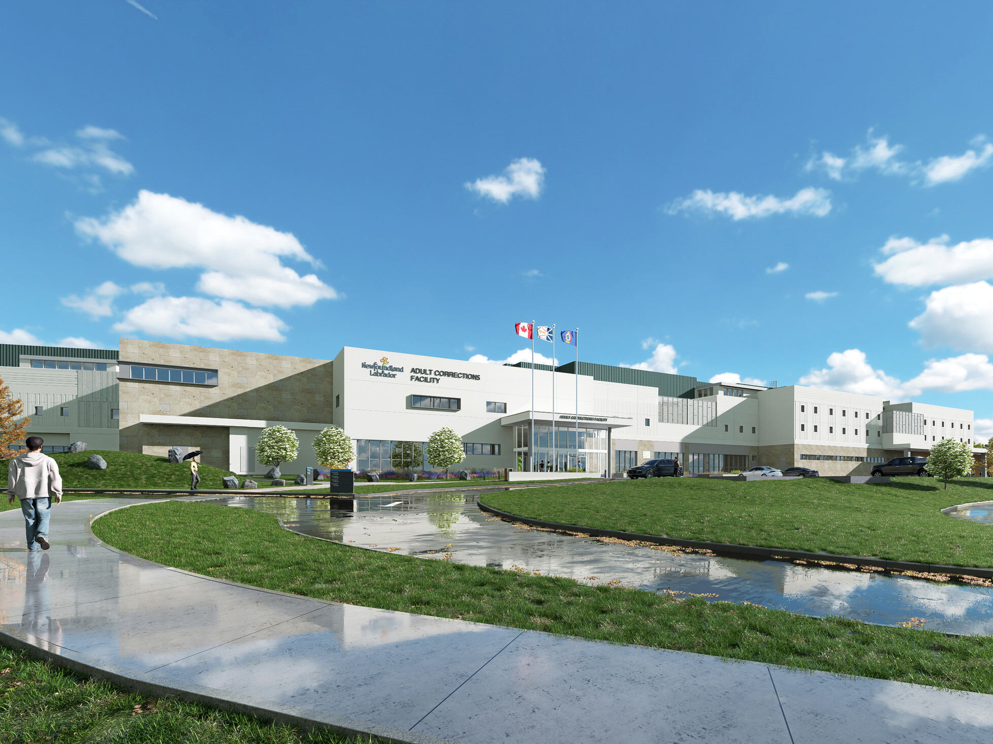 Newfoundland & Labrador Adult Correctional Facility Replacement – Public Entrance; design rendering of a modern correctional facility; white and sandstone facade with green area and driving space in the front