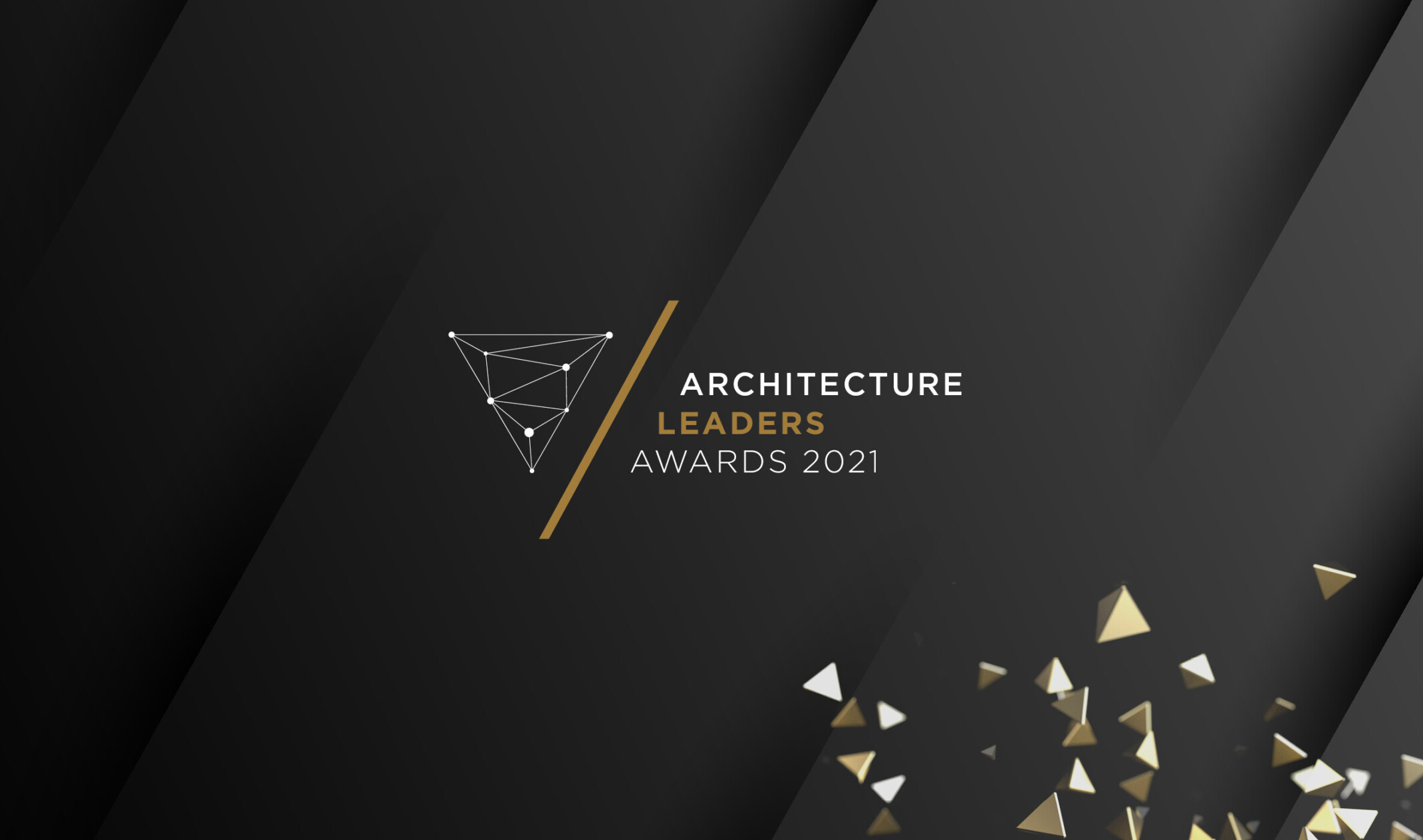 Graphic of architecture leaders awards 2021 with gold and silver text geometric shapes