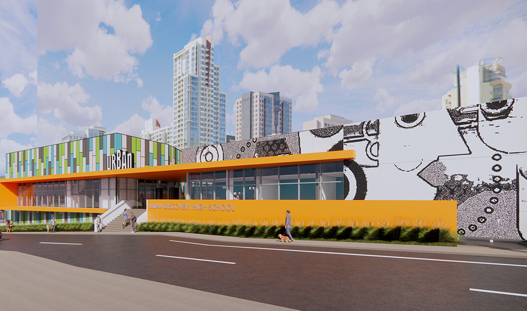 Multicolor panels, left, and wrapped yellow awning around windows at center of building. Black and white mural, right Multicolor panels, left, and wrapped yellow awning around windows at center of building. Black and white mural, right