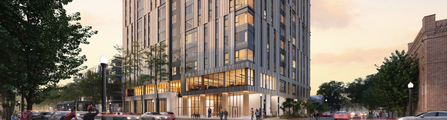Mass timber rendering of a the pedestrian level of a tall building with a varied and design facade