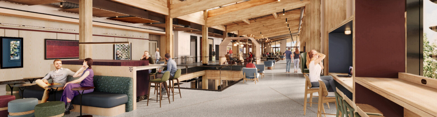rendering of a communal space in a mass timber building; varied and modular furniture with people working and collaborating