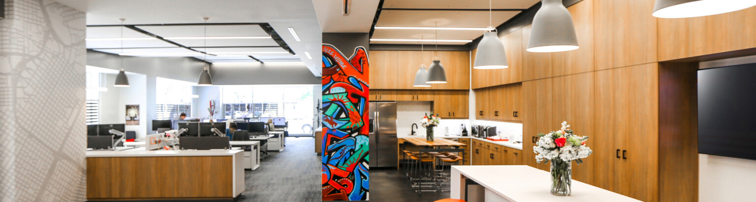 Modern office entrance with communal kitchen and desk space in background; DLR Group Houston office