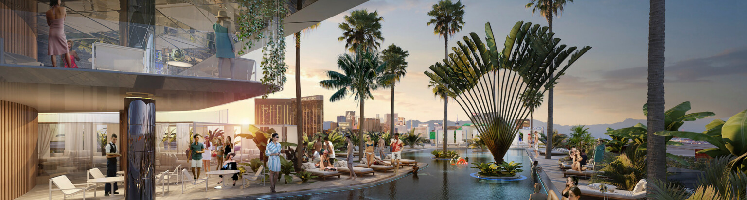 pool and hangout area rendering at a las vegas resort; double floor patio with palm trees surrounding