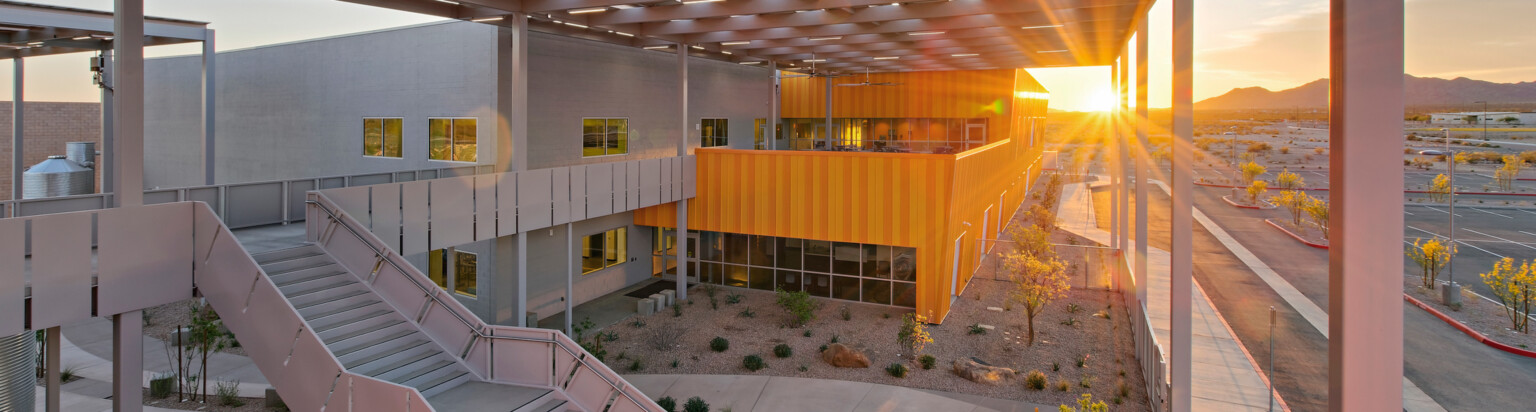 sunset image of a outdoor campus multi-level walkway