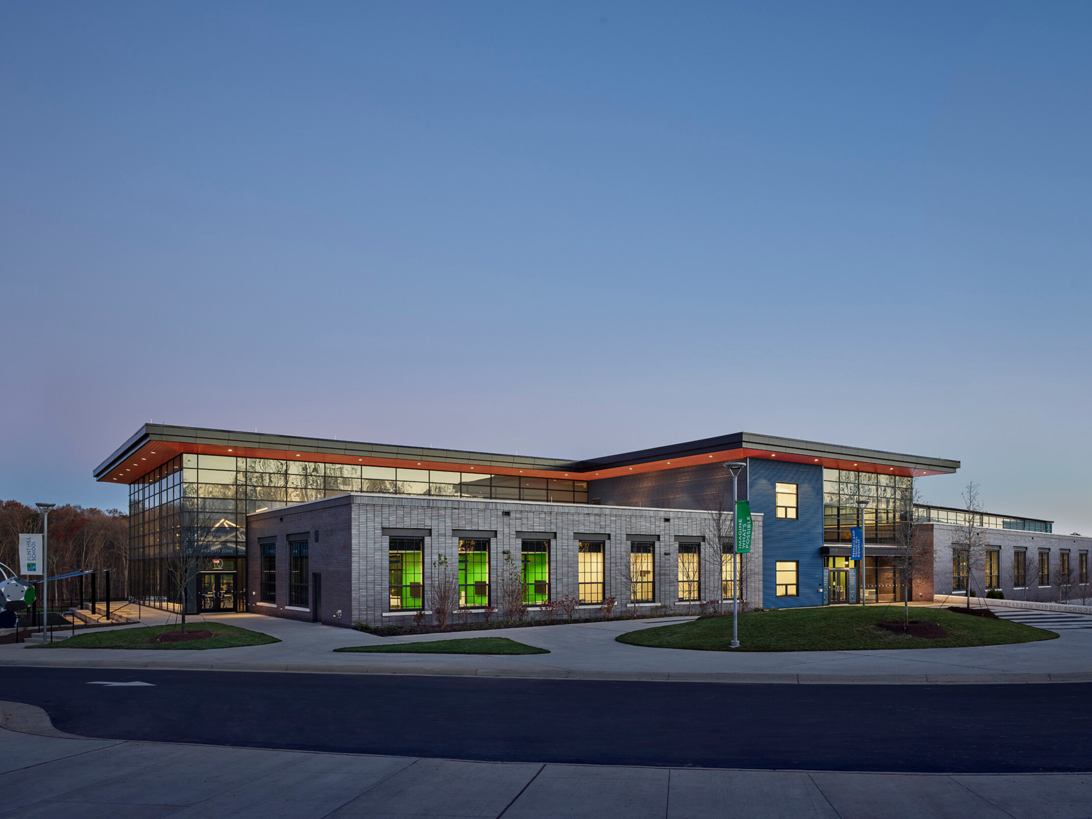 night time view of an independent school, stacked structure
