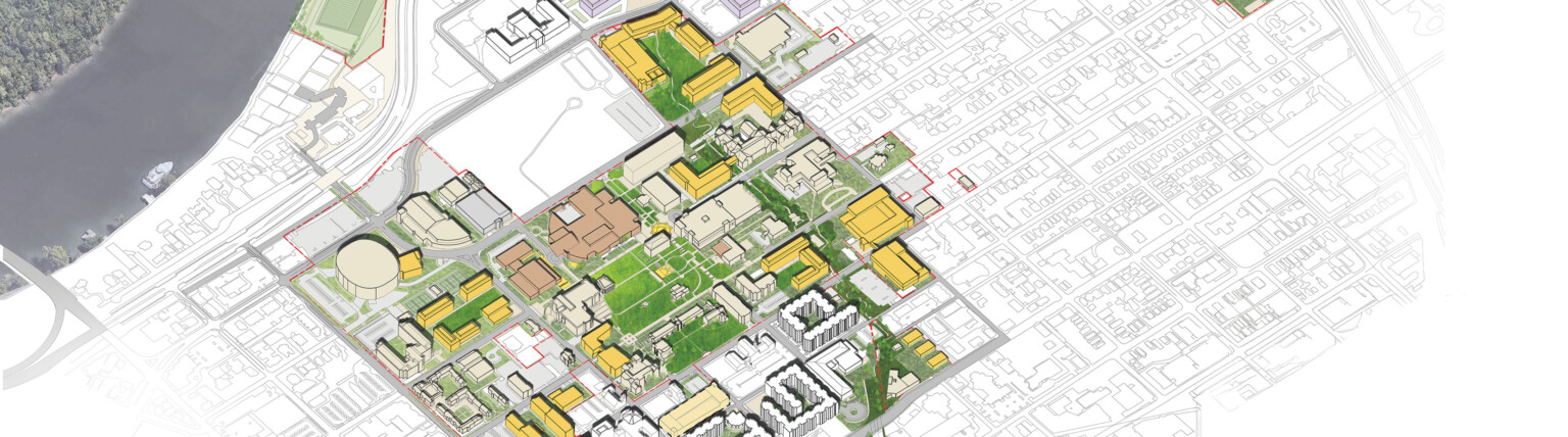 aerial view of campus master plan showing green spaces, student gatherings, and space planning