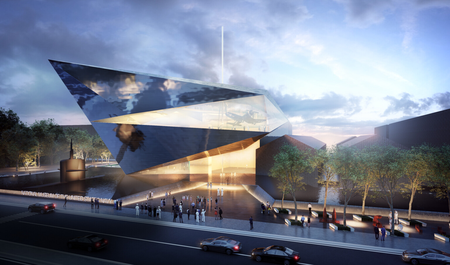 Angular multi-dimensional façade with water feature, main entrance with long driveway, design concept rendering of the National Museum of the U.S. Navy