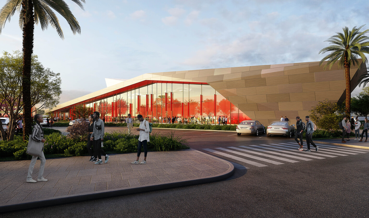 new school in Compton that has an angular, sloping structure; floor to ceiling windows bring in natural light, sloping roof serves as passive cooling strategy