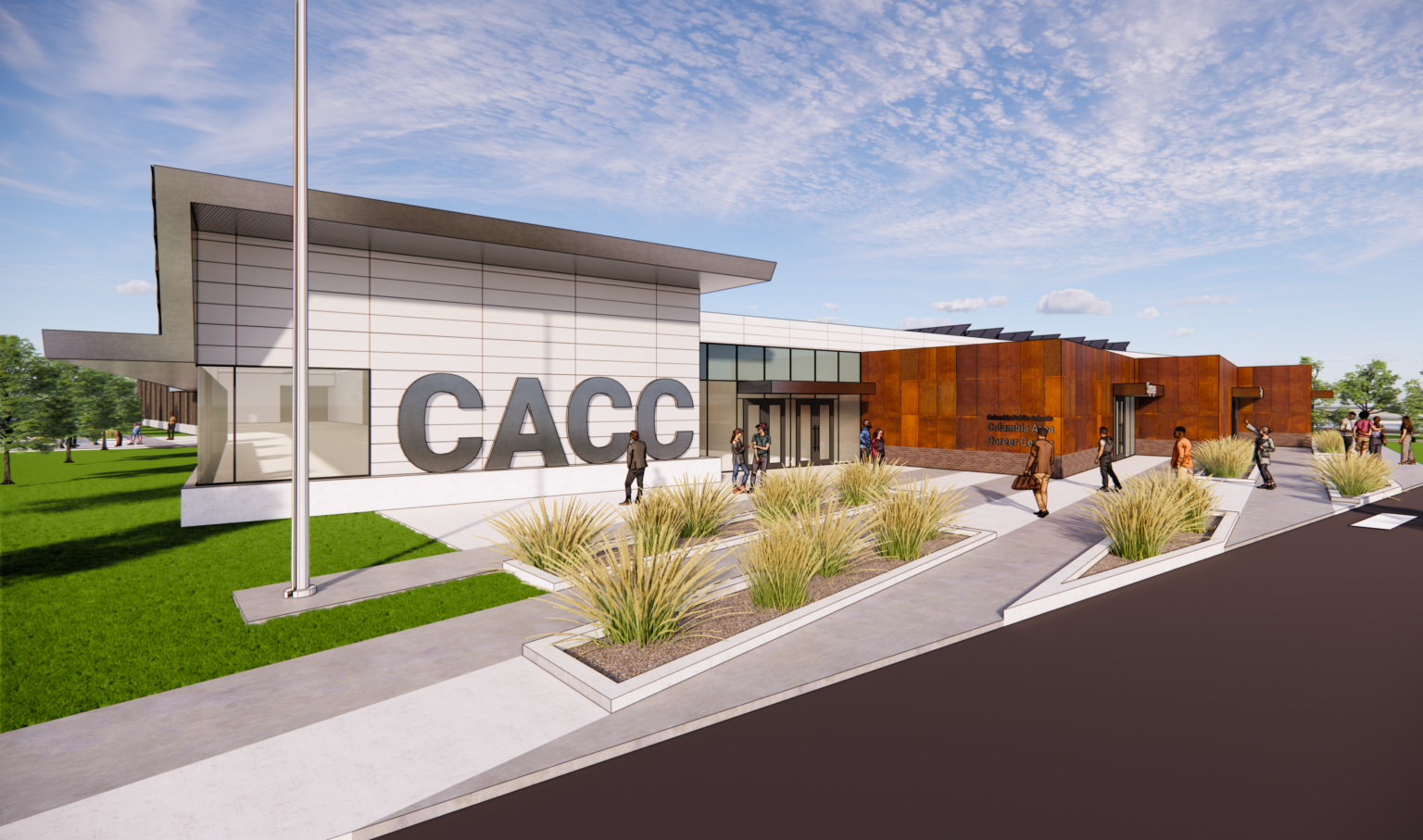 Rendering of Columbia Area Career Center in Columbia, Missouri. A long building with white entrance and CACC acronym sign Rendering of Columbia Area Career Center in Columbia, Missouri. A long building with white entrance and CACC acronym sign