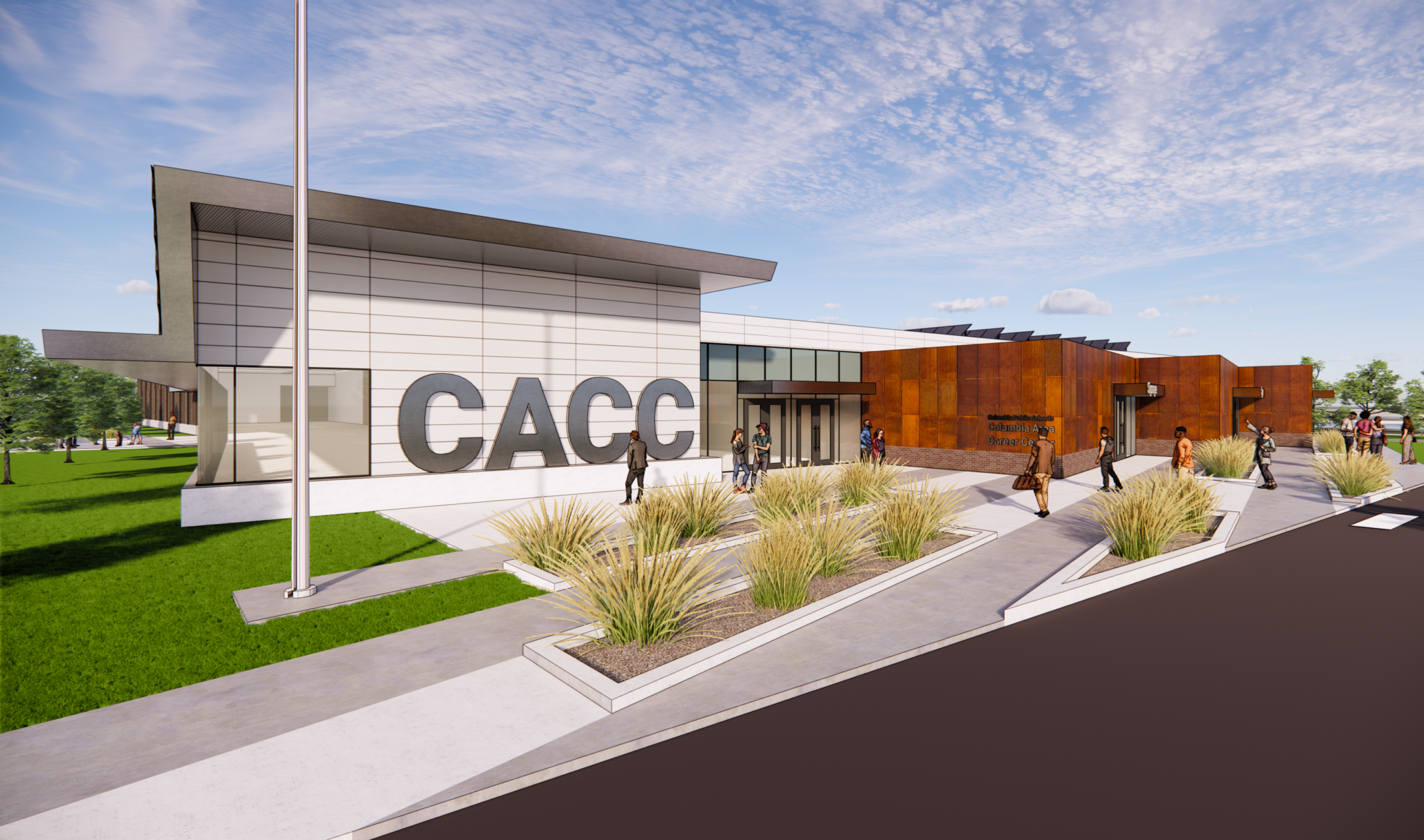 Rendering of Columbia Area Career Center in Columbia, Missouri. A long building with white entrance and CACC acronym sign