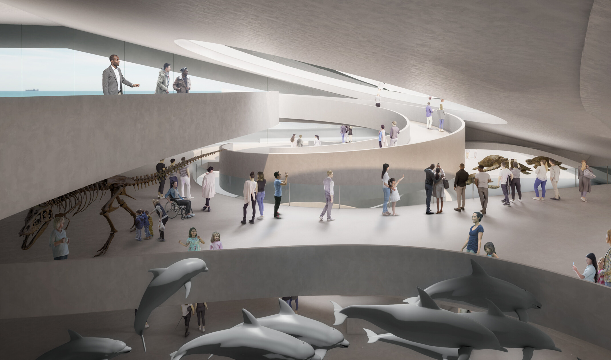 Organically curving multilevel walkway with sloping white ceiling. Dolphins are suspended, bottom, and dinosaur skeleton left